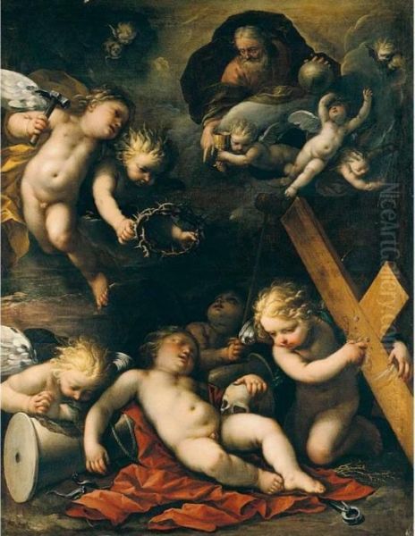 The Sleeping Christ Child, God The Father, And Putti With The Instruments Of The Passion Oil Painting by Carlo Francesco Nuvolone