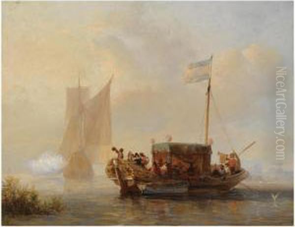 Ceremonial Ships On A Waterway Oil Painting by Wijnandus Johannes Josephus Nuijen