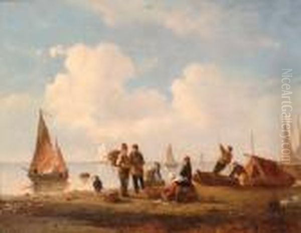 Fishermen On Thebeach Oil Painting by Wijnandus Johannes Josephus Nuijen