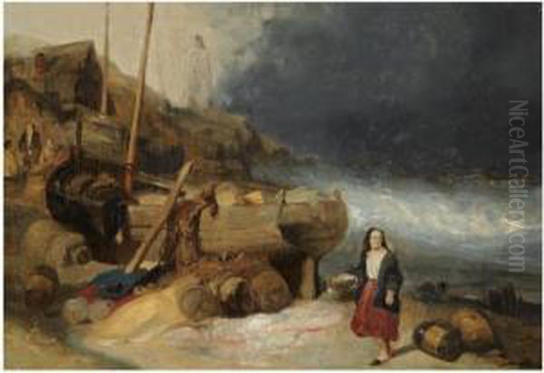 Fisherfolk By A Beached Vessel Oil Painting by Wijnandus Johannes Josephus Nuijen