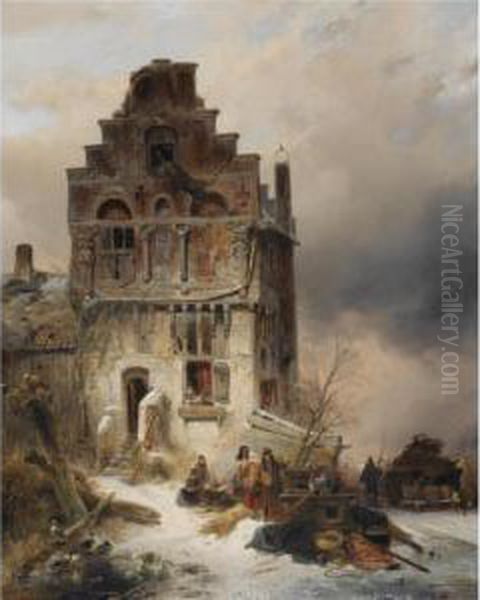 Moving On A Wintry Day Oil Painting by Wijnandus Johannes Josephus Nuijen