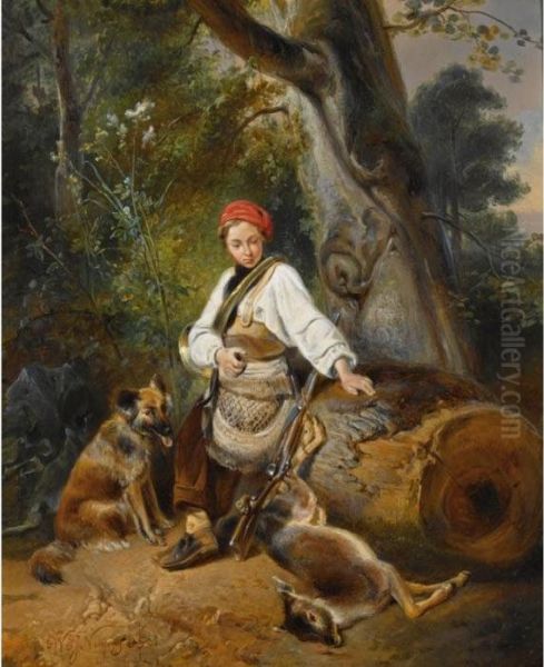 A Hunter At Rest In The Woods Oil Painting by Wijnandus Johannes Josephus Nuijen