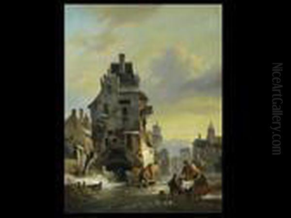 Hollandische Stadt Im Winter Oil Painting by Wijnandus Johannes Josephus Nuijen