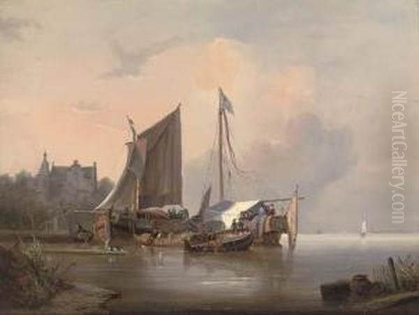 Ceremonial Barges Moored On A Dutch Waterway Oil Painting by Wijnandus Johannes Josephus Nuijen