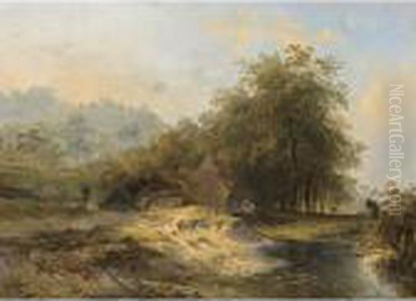 A Farm In A Summer Landscape Oil Painting by Wijnandus Johannes Josephus Nuijen