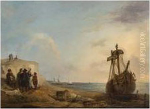 Fisherfolk By A Beached Boat Oil Painting by Wijnandus Johannes Josephus Nuijen