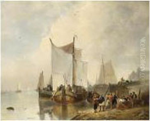 Moored Sailing Vessels Near A Harbour Oil Painting by Wijnandus Johannes Josephus Nuijen