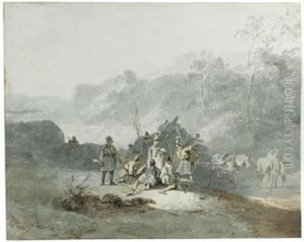 Soldiers Resting By A Road In A Hilly Wooded Landscape, A Ruin On Ahill Beyond Oil Painting by Wijnandus Johannes Josephus Nuijen