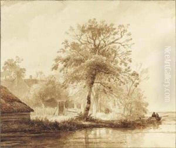 A Farm Among Trees By A Pond, Fishermen In A Boat Nearby Oil Painting by Wijnandus Johannes Josephus Nuijen