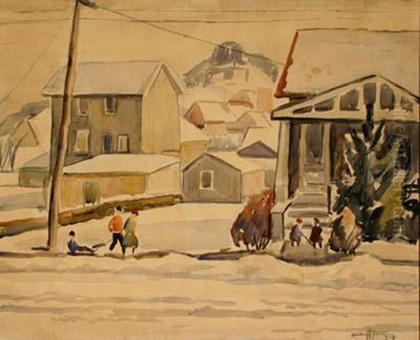 Children At Play Along A Snowy Street Oil Painting by Edgar Hewitt Nye