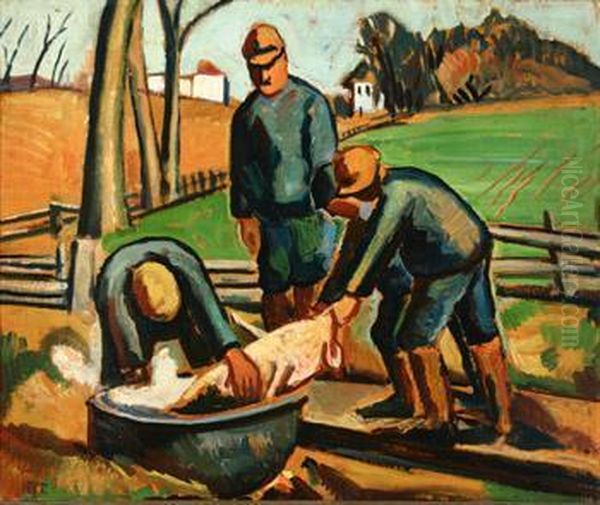 Farmers Cleaning A Pig Oil Painting by Edgar Hewitt Nye