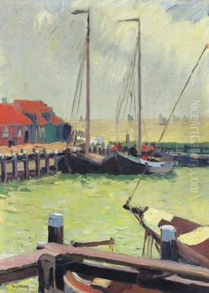 Dutch Sailing Harbour Oil Painting by sandor Nyilasy