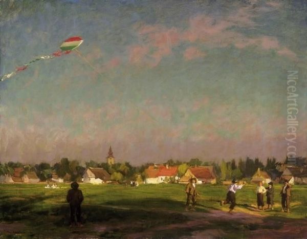 Kite-flying Oil Painting by sandor Nyilasy