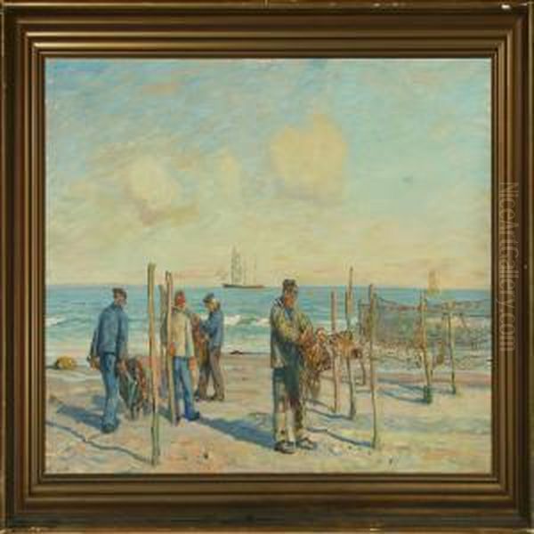 Fishermen Sorting Out The Nets On The Beach Oil Painting by Borge C. Nyrop