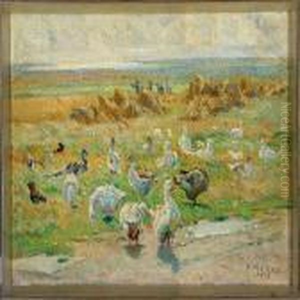 Grazing Geese Oil Painting by Borge C. Nyrop