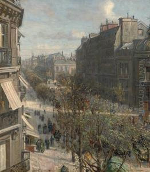 A Busy Sunlit Boulevard In Paris Oil Painting by Borge C. Nyrop