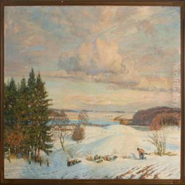 Winter Scenery With Figure Oil Painting by Borge C. Nyrop