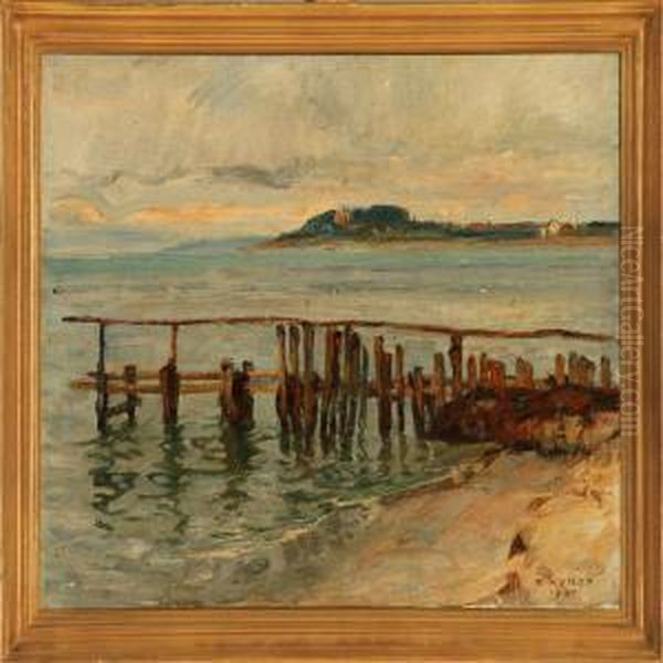 A Bathing Jetty Oil Painting by Borge C. Nyrop