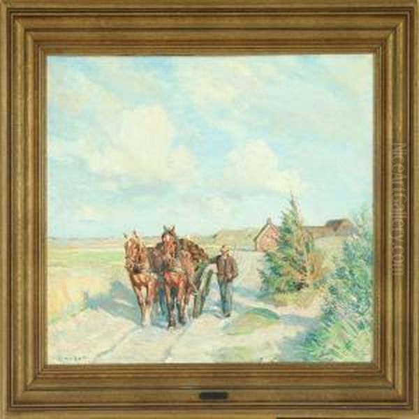 Man With Horsedrawn Cart Oil Painting by Borge C. Nyrop