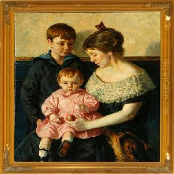 A Mother With Her Twochildren And Dog Oil Painting by Borge C. Nyrop