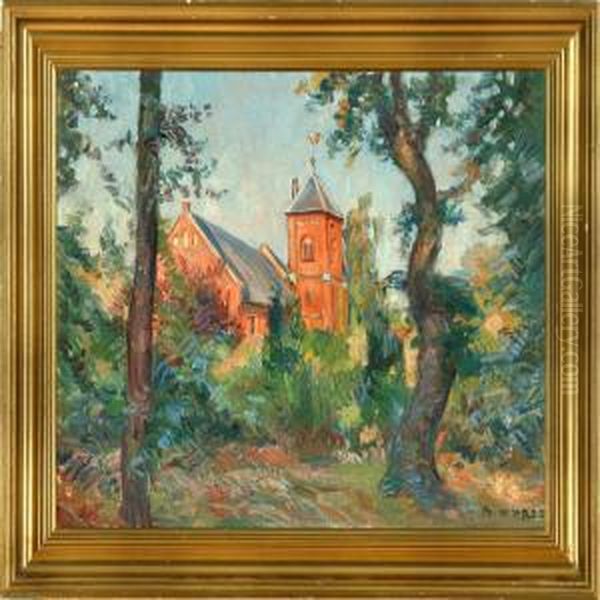 Danish Autumn Scenery At Taarbaek Church. Signed B. Nyrop Oil Painting by Borge C. Nyrop