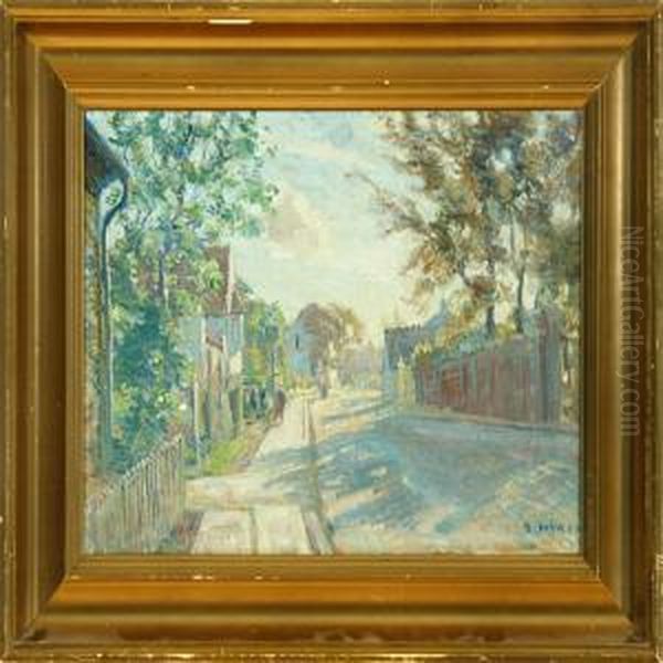 Borge Nyrop: Spring Street Scenery From A Danish Town. Signed B. Nyrop Oil Painting by Borge C. Nyrop