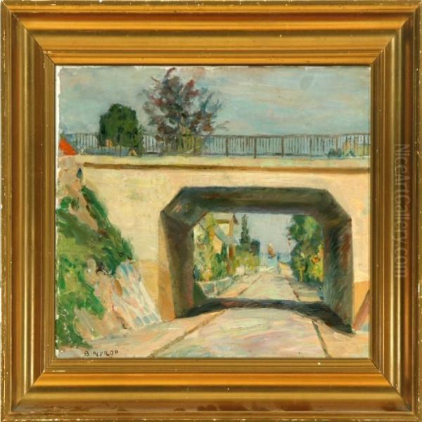 Viaduct At A Village Road. Signed And Dated B. Nyrop 1935 Oil Painting by Borge C. Nyrop