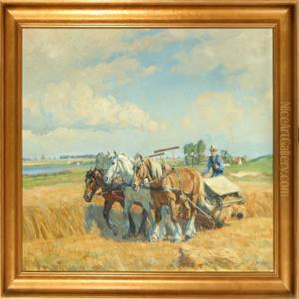 Harvest Scenery. Signed B. Nyrop Oil Painting by Borge C. Nyrop