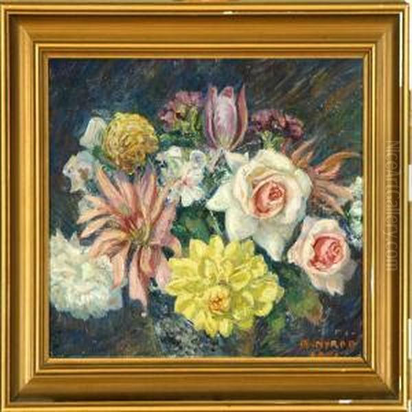 Flower Bouquet Plus Autumn Scenery Oil Painting by Borge C. Nyrop