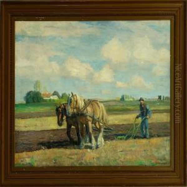 A Farmer Behind His Plough Oil Painting by Borge C. Nyrop