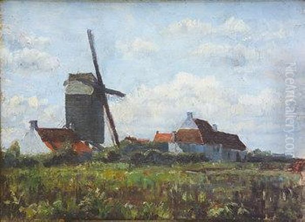 Cottages & Windmill Oil Painting by Dermod William O'Brien