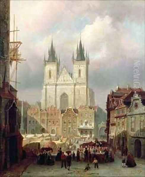 The Old Market Place at Prague Oil Painting by Cornelis Christiaan Dommelshuizen