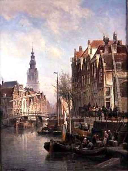 Street Scene on a Canal Oil Painting by Cornelis Christiaan Dommelshuizen