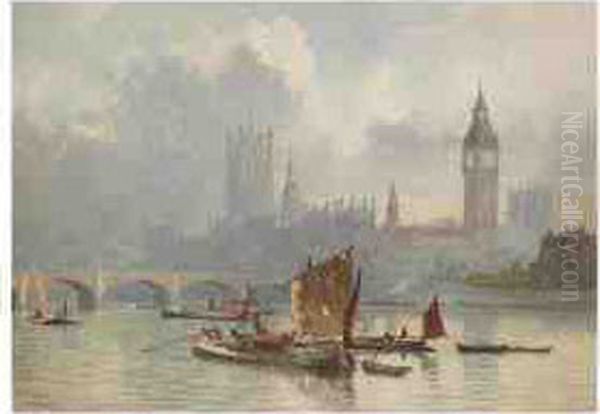 Barges In Front Of The House Of Parliament Oil Painting by Lucius Richard O'Brien