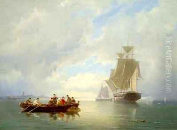 A Ship Becalmed and a Rowing Boat Oil Painting by Cornelis Christiaan Dommelshuizen