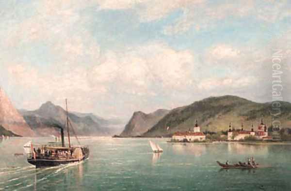 A view of Ort Castle on the Traun See, Austria Oil Painting by Cornelis Christiaan Dommelshuizen