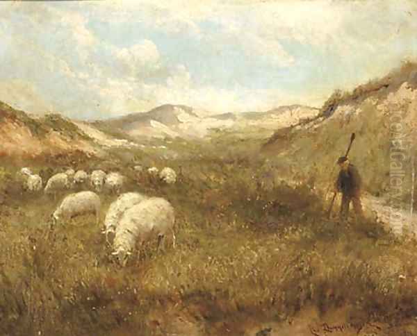 Duingezicht 'La Panne' guiding the flock through the dunes Oil Painting by Cornelis Christiaan Dommelshuizen