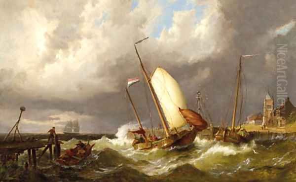 Riverview in Holland, figures fishing Oil Painting by Cornelis Christiaan Dommelshuizen