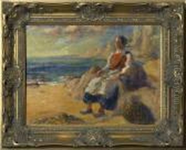 Woman Seated By A Rocky Coastline Oil Painting by Aloysius C. O'Kelly