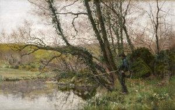 Breton Fisherman Beside A Stream Oil Painting by Aloysius C. O'Kelly