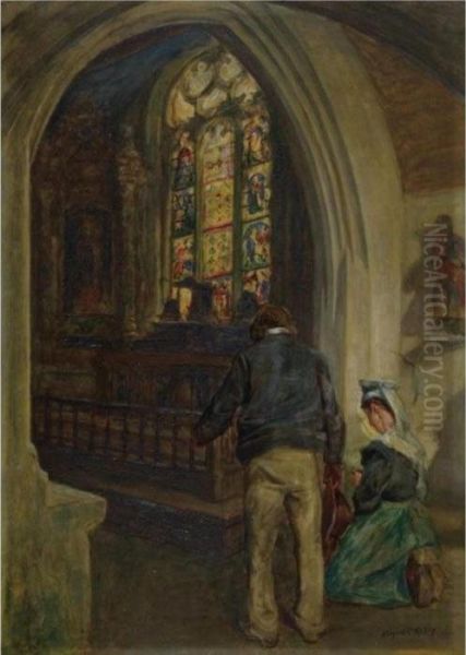 Breton Church Interior With Figures Oil Painting by Aloysius C. O'Kelly