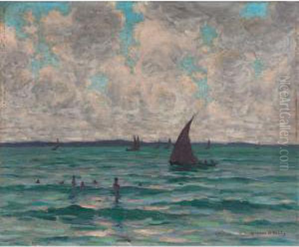 Swimmers And Sailboats Oil Painting by Aloysius C. O'Kelly