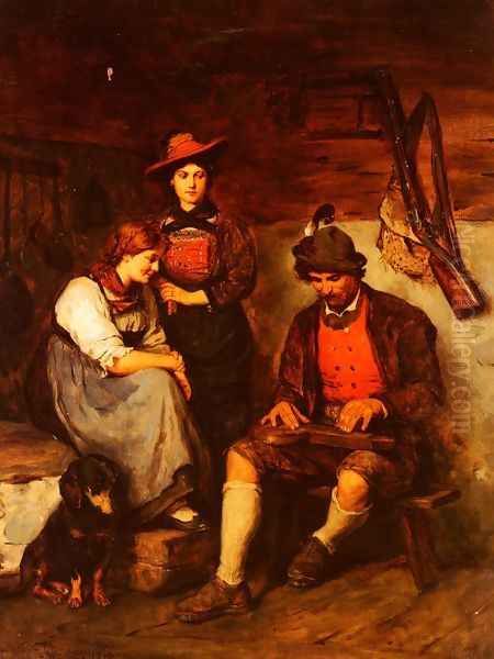 Der Zitherspieler Auf Der Alm, Dem Zwei Madchen Zuhoren (Two Girls Listening to the Zitherplayer from the Alps) Oil Painting by Franz Von Defregger