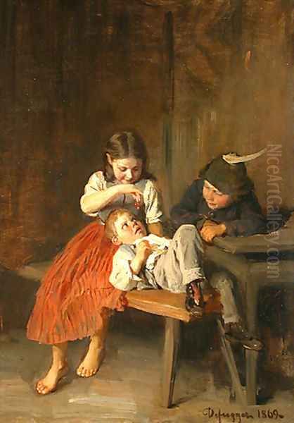 Children with cherry at dinner Oil Painting by Franz Von Defregger