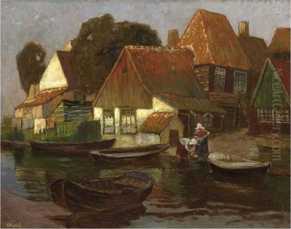 Washerwomen Near The Waterside, Possibly Volendam Oil Painting by Karl O'Lynch Van Town