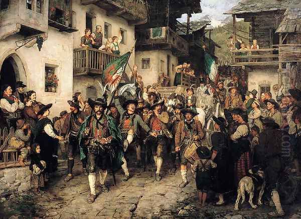 Tyrolean landsturm coming home in the war of 1809 Oil Painting by Franz Von Defregger