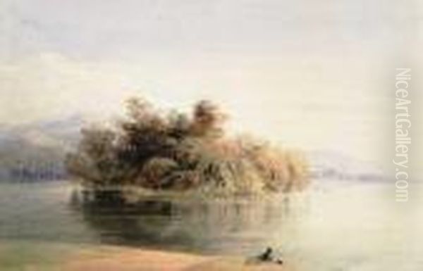 View Of An Island And Temple From Across Water Oil Painting by Henry Nelson O'Neil