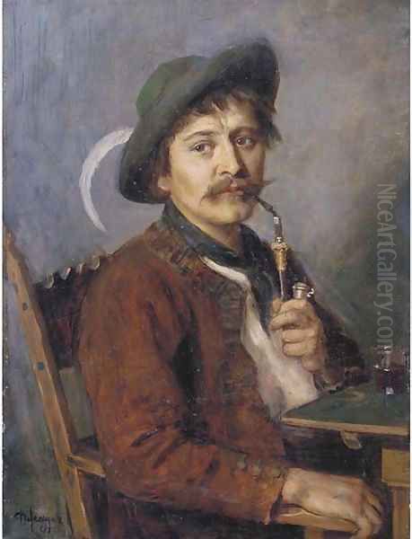 Jung Bauern a Tyrolean farmer with a pipe Oil Painting by Franz Von Defregger