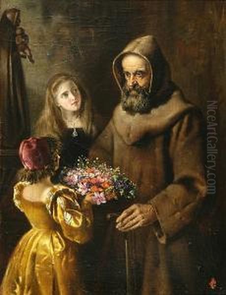 A Monk Being Presented With A Basket Of Flowers By Two Young Girls Oil Painting by George Bernard O'Neill