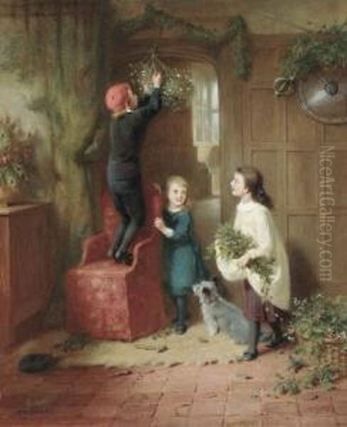 Hanging The Mistletoe Oil Painting by George Bernard O'Neill